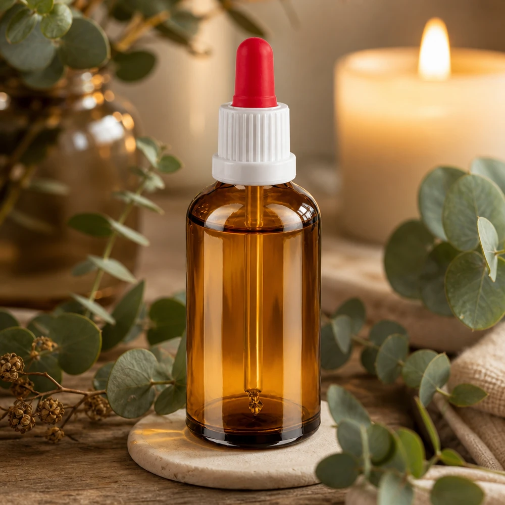 50 ml pipettflaska vit/röd med säkerhetsförslutning BrownLine UT18/50 Elegant 50 ml apoteksflaska av UV-skyddad bärnstensfärgad glas med ergonomisk droppipett