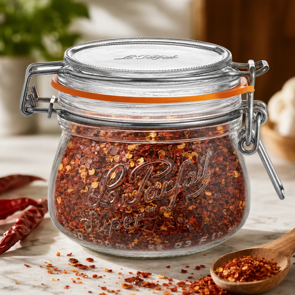 Le Parfait® burk 250 ml Ø70 mm förvaring 250 ml Le Parfait förvaringsburk super med svängbar topp fylld med chilikryddblandning på träbord