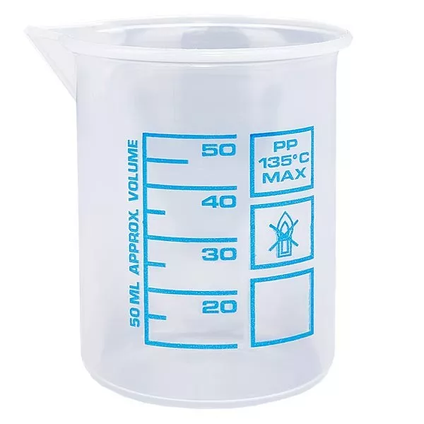 50 ml mätbägare (Griffin-bägare) PP, antistatisk, med hög transparens enligt DIN 12.311, med gradfri pärlkant, tryckt blå skala 50 ml mätbägare (Griffin-bägare) PP, antistatisk, med hög transparens enligt DIN 12.311, med gradfri pärlkant, tryckt blå skala