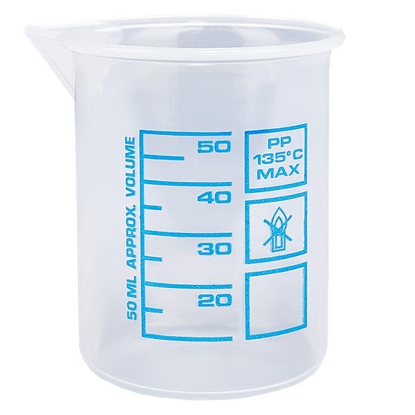 50 ml mätbägare (Griffin-bägare) PP, antistatisk, med hög transparens enligt DIN 12.311, med gradfri pärlkant, tryckt blå skala 50 ml mätbägare (Griffin-bägare) PP, antistatisk, med hög transparens enligt DIN 12.311, med gradfri pärlkant, tryckt blå skala