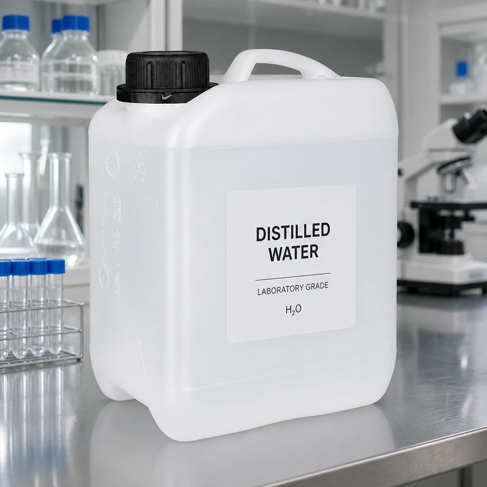 Laboratoriekanna, 2,5 liter, HDPE, vit, med svart OV-lock för destillerat vatten
