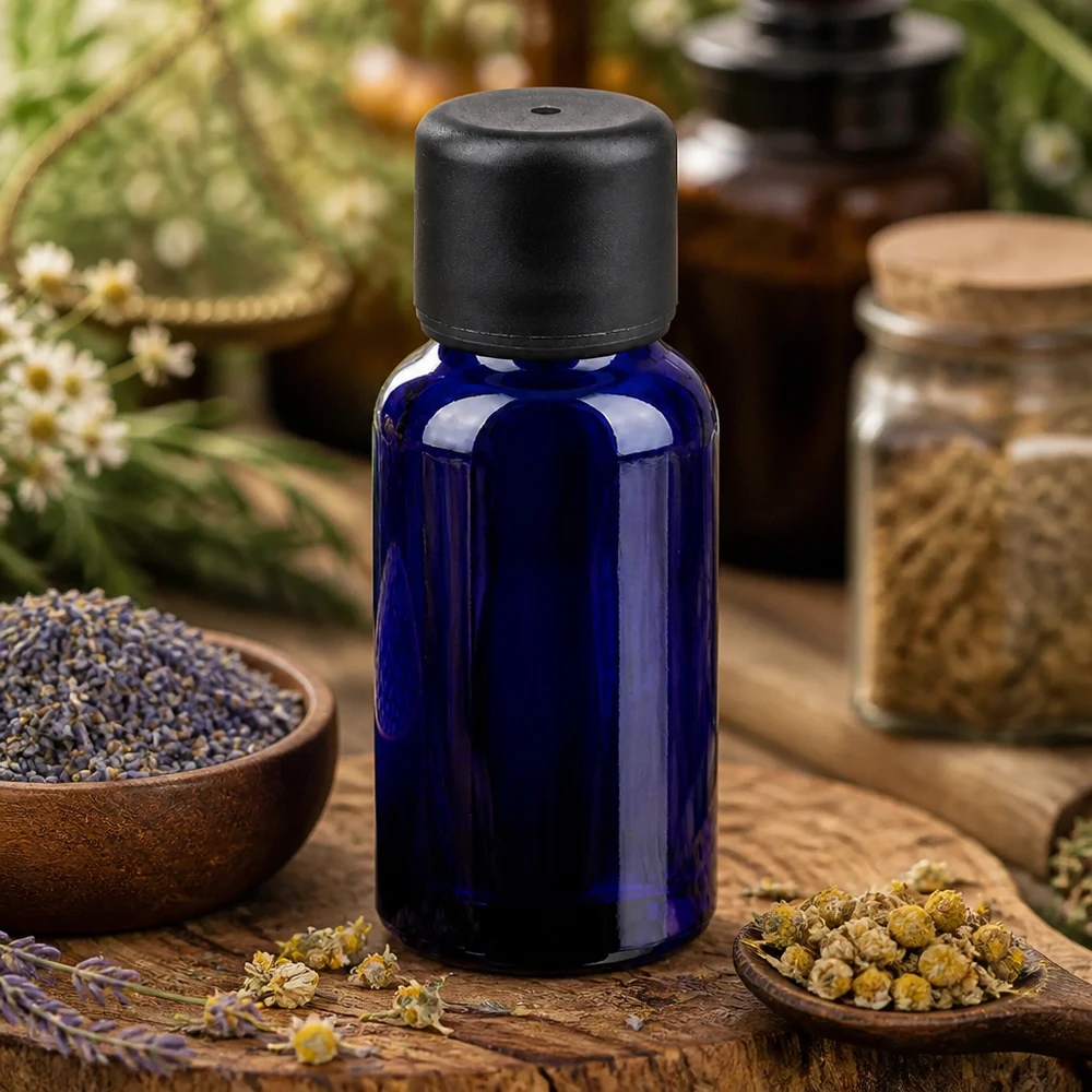 Violett glasflaska 20ml BlueLine-serien med svart standardlock för UV-skydd av naturliga ingredienser