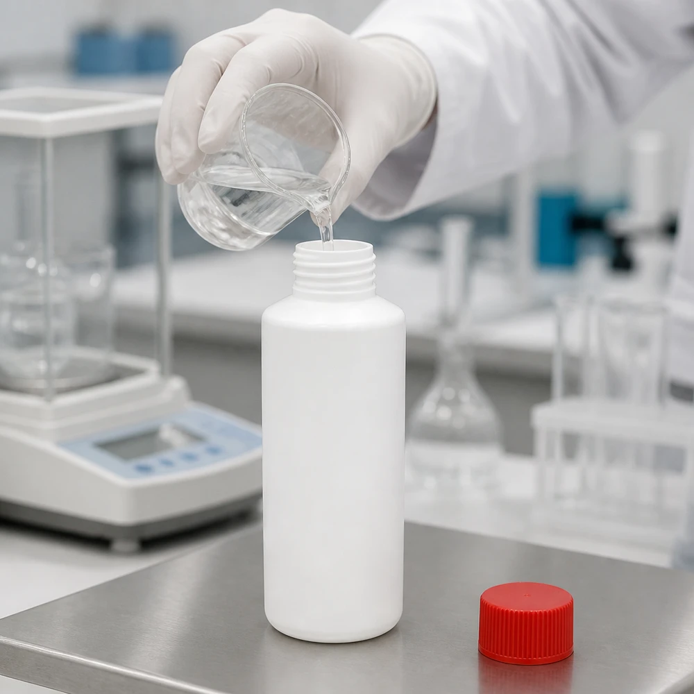 Apoteksflaska HDPE 100ml vit, med rött skruvlock En laboratorietekniker häller en klar vätska i en vit 100 ml HDPE-flaska med rött skruvlock