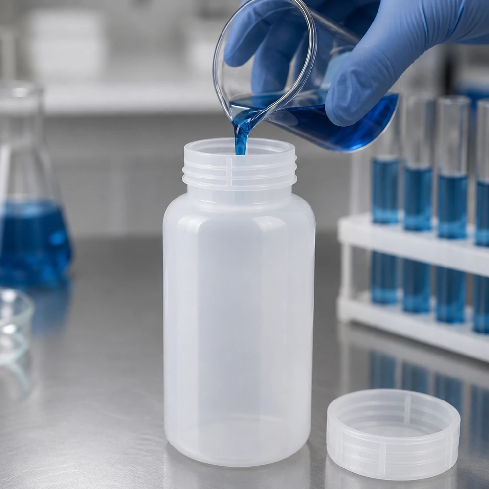 En kemist häller ut en blå vätska från ett bägarglas i en genomskinlig 1000 ml laboratorieflaska med vid hals