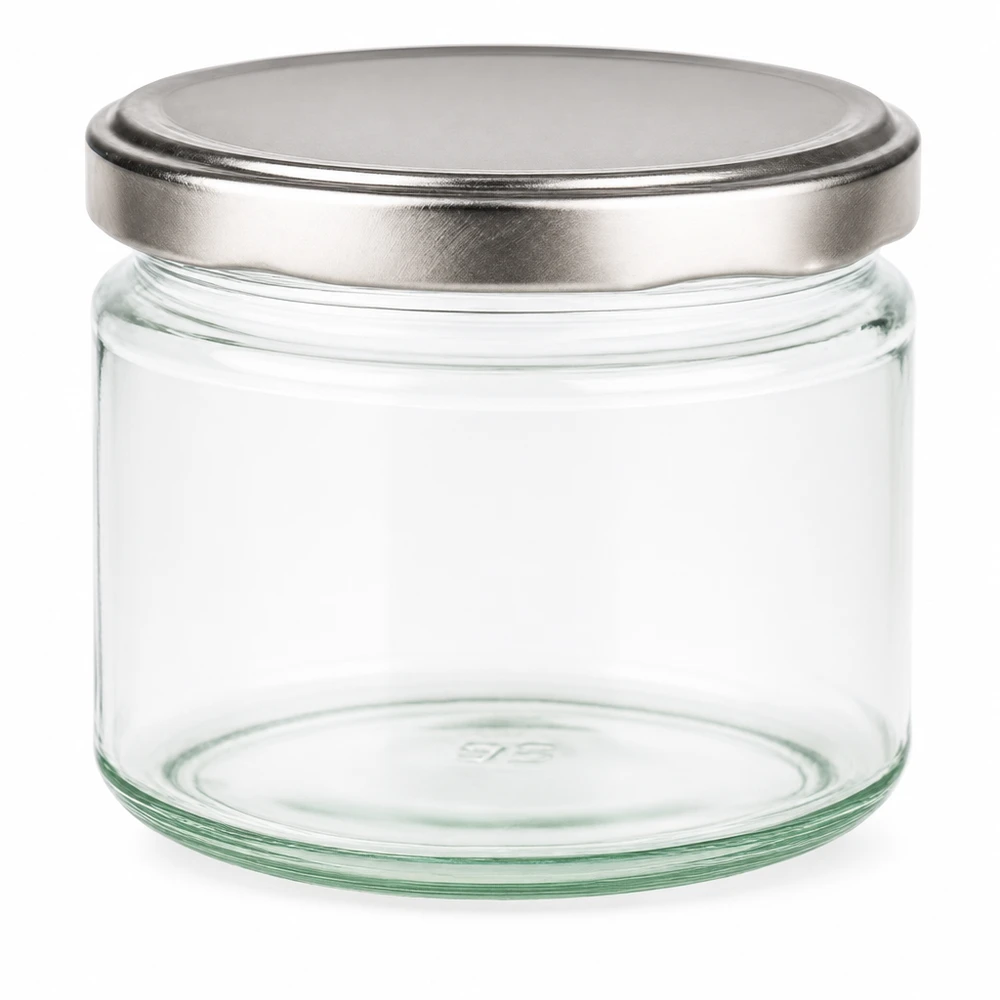 330ml rund burk med BasicSeal-lock silver UNiTWIST 330 ml rund burk med silverfärgat BasicSeal-lock tom på vit bakgrund Konserveringsburk Förvaringsburk