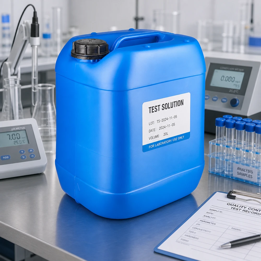 Dunk 20 liter blå med skruvkork, säkerhetsförslutning Blå 20-liters laboratoriekanister med svart OV-förslutning och vit etikett på ett bord av rostfritt stål