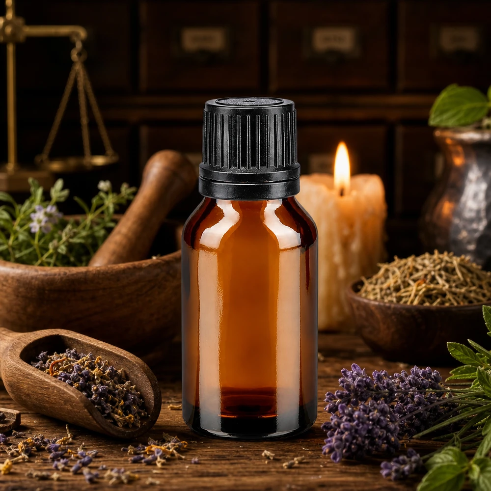 Flaska med eterisk olja, 15 ml, i bärnstensfärgat glas med svart lock, arrangerad med ett ljus och örter