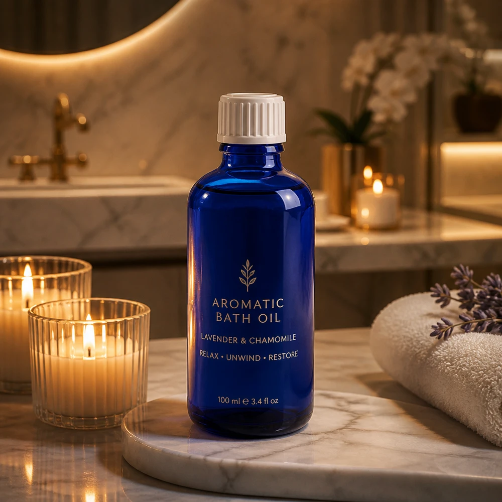 Apoteksflaska blå 50ml skruvkork vit standard Blå glasflaska på 50 ml med vitt skruvlock för badolja med lavendel och kamomill i spa-miljö