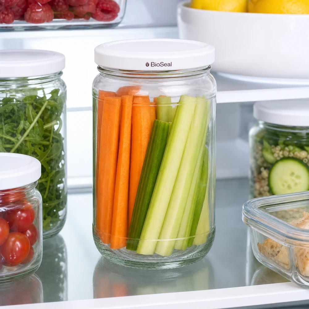305ml rund burk + BioSeal-lock vit UNiTWIST UNiTWIST Runda305 im Kühlschrank mit frischen Karottensticks und Sellerie - optimale Gemüse-Frischhaltung dank BioSeal