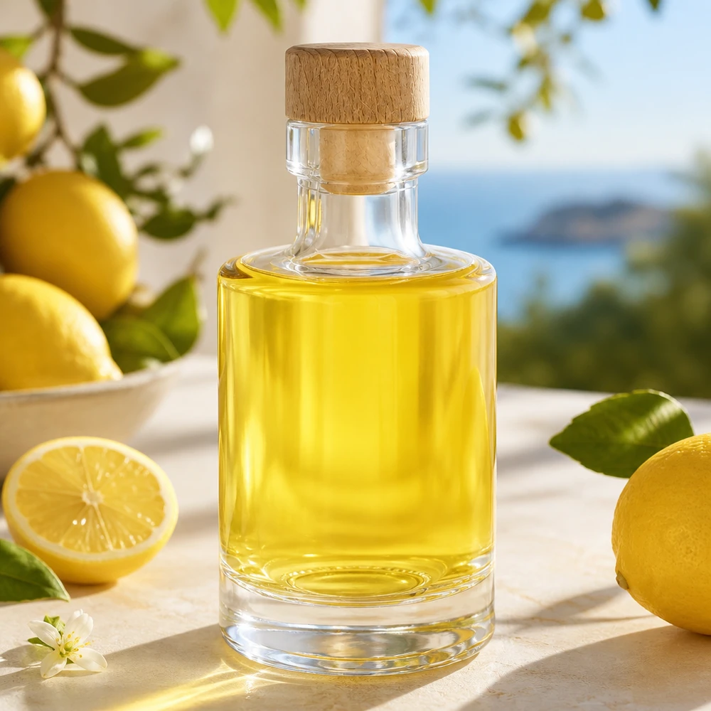 100 ml glasflaska Marie med kork med trähandtag UNiTWIST® 100 ml glasflaska Marie med träkork fylld med citronolja i ett soligt kök med färska citroner och citrusblad
