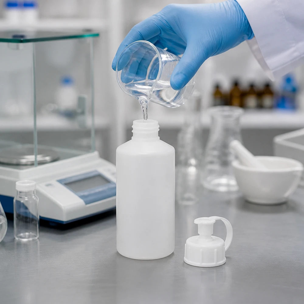 Vit HDPE-apotekflaska på 50 ml med öppnad sprutkork på en laboratoriebänkskiva