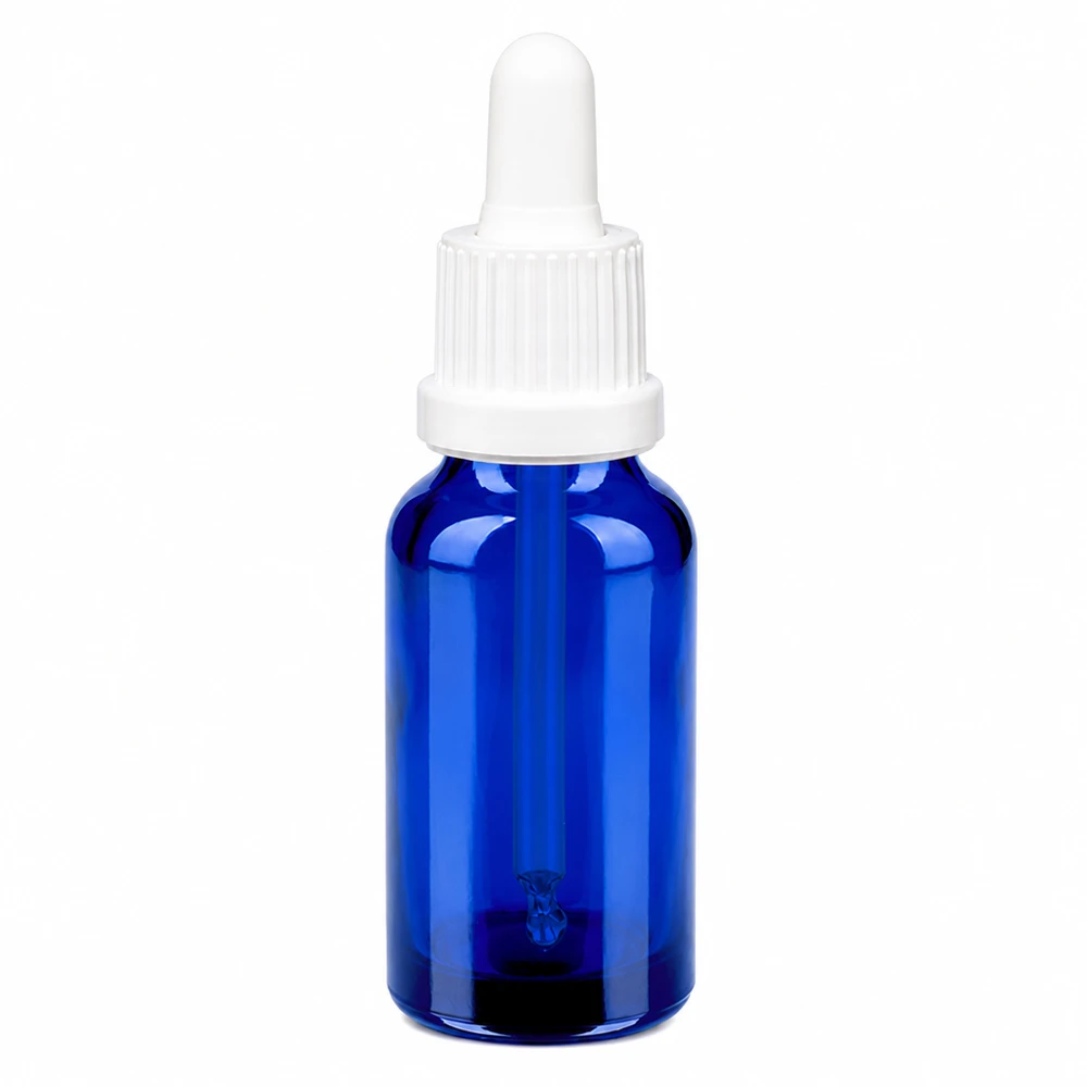 20 ml pipettflaska vit med säkerhetsförslutning BlueLine UT18/20 20 ml pipettflaska av blått glas med vit pipett för exakt dosering
