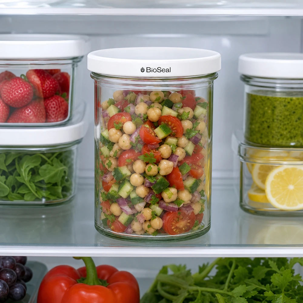 435 ml Krossade glasögon med vitt BioSeal-lock UNiTWIST UNiTWIST-burk 435 ml i kylskåpet fylld med kikärtssallad visar praktisk förvaring av Meal Prep