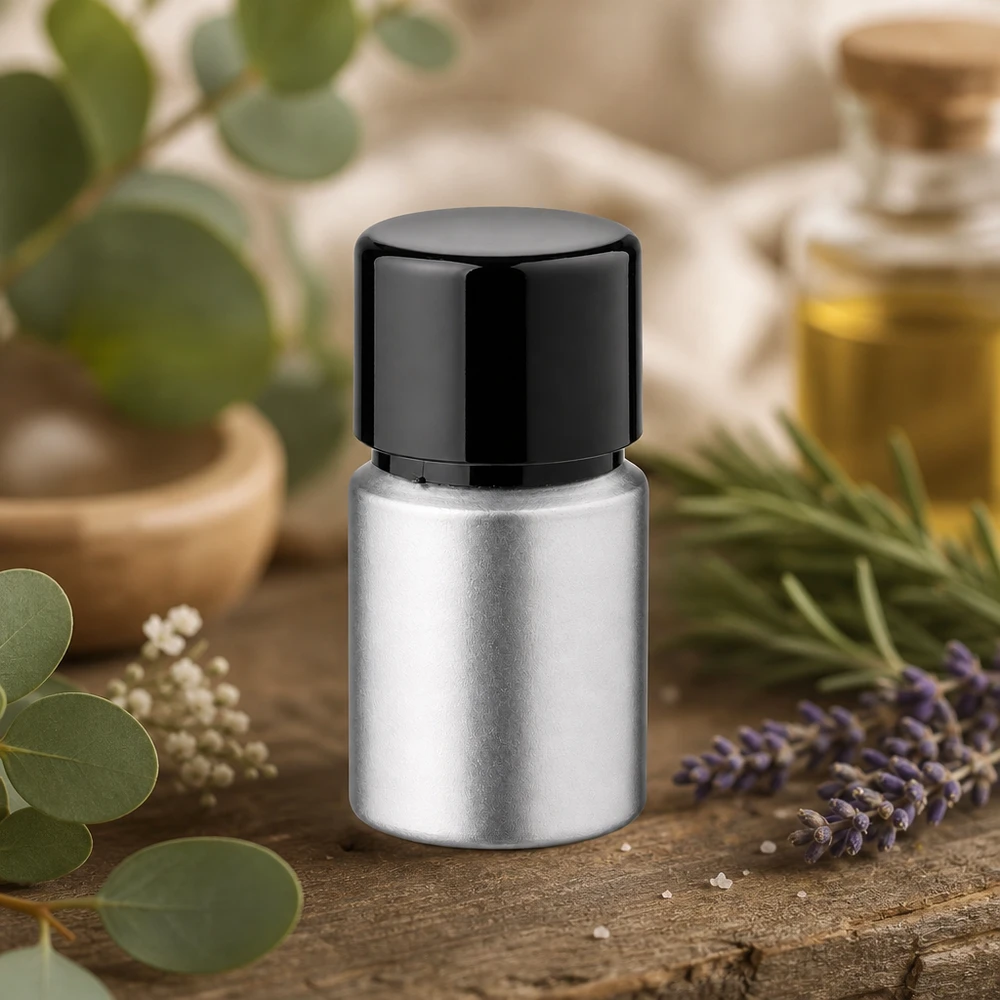 10ml flaska i färgat aluminium med skruvkork 10 ml aluminiumflaska av hög kvalitet - elegant silverfärgad design med praktiskt svart skruvlock