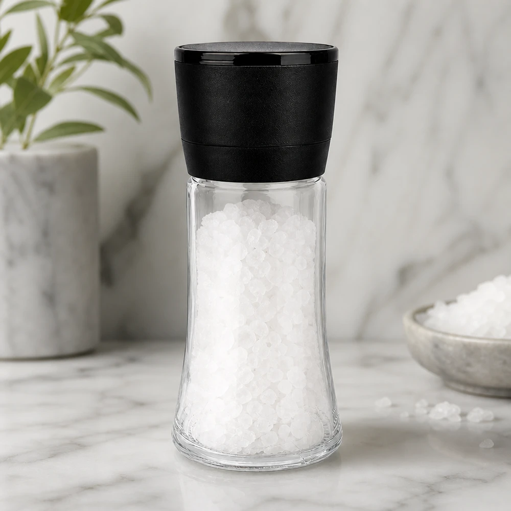 Salt- och kryddburk 95 ml med kvarn, Vario svart Saltkvarn 95 ml med svart malverk, fylld med grovt havssalt, på marmorfot