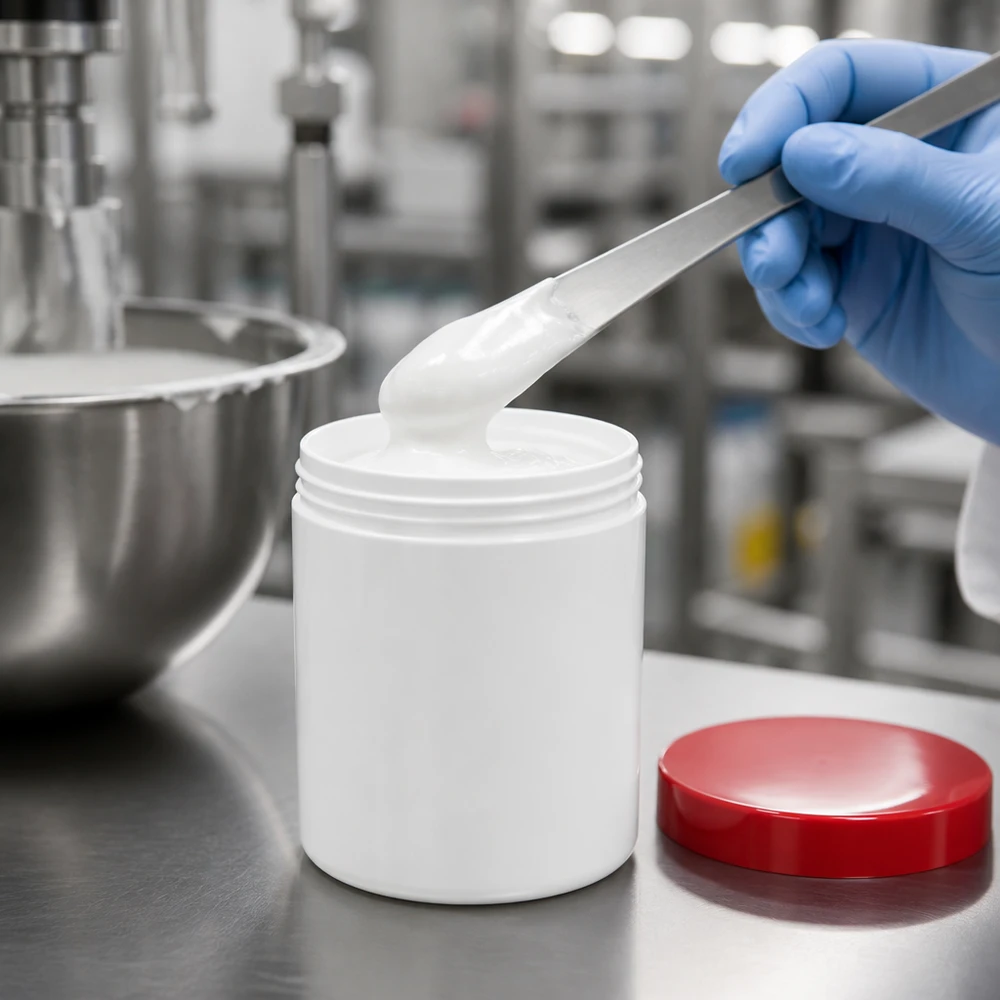 Salvburk 50g vit med rött skruvlock (polypropylen) Fyllning av en vit 50 g-salvburk av polypropen med pincett inom läkemedelsproduktion