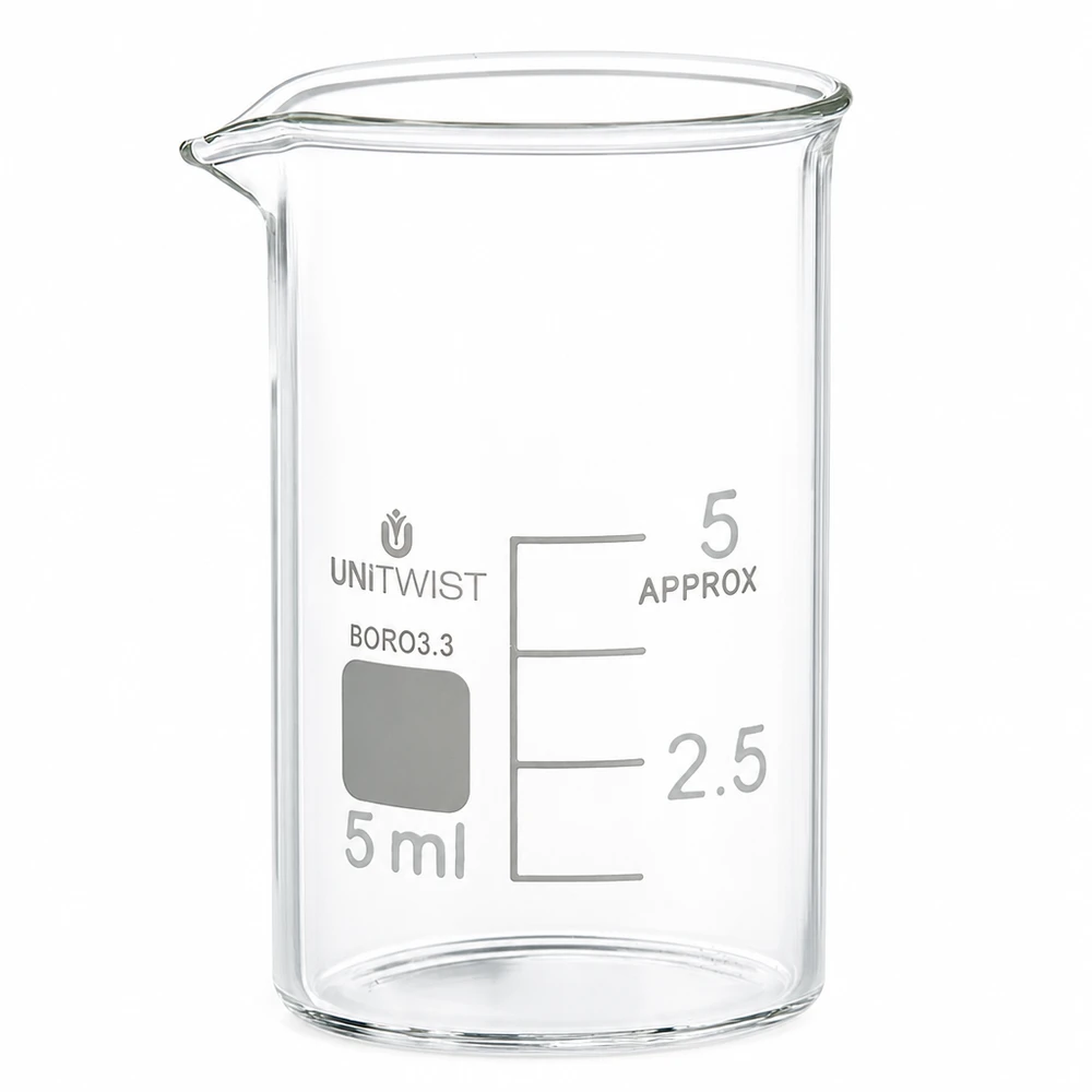 Bägare 5ml borosilikat, låg form UNiTWIST 5 ml bägare i borosilikatglas i låg form från UNiTWIST, med skala och pip