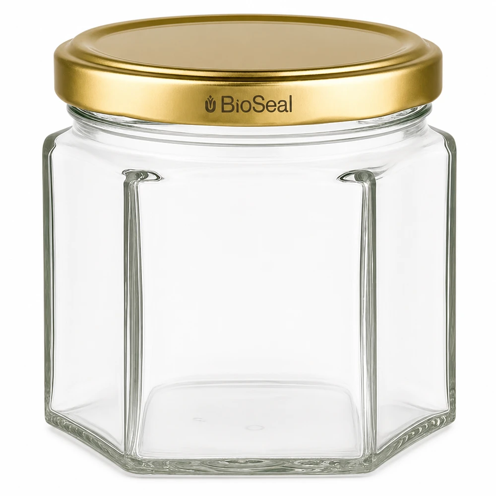 47 ml hexaburk med UNiTWIST BioSeal-lock i guld Hexagonal glasburk UNiTWIST Hexa47 med gyllene TO43 BioSeal-lock för konservering och förvaring