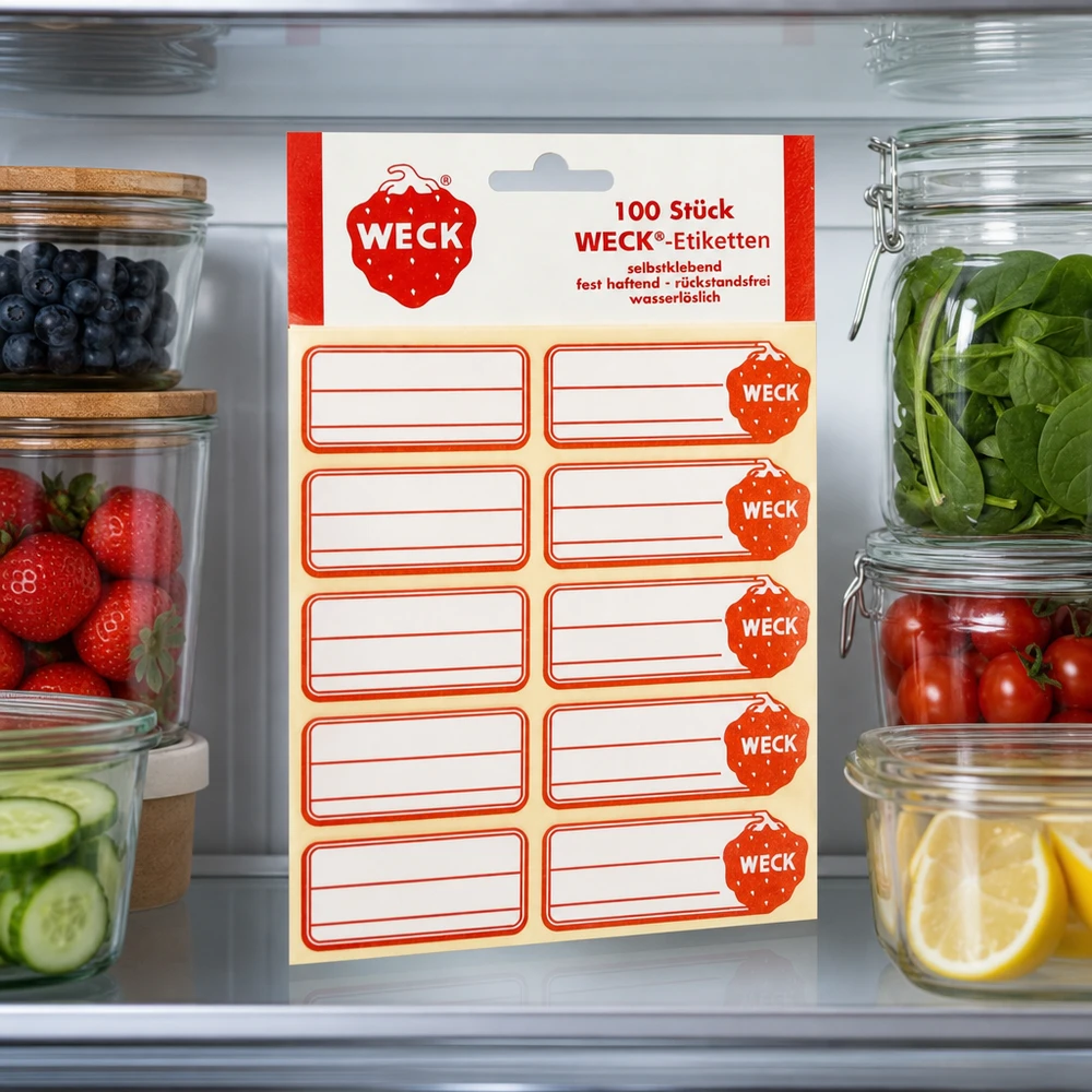 WECK-etiketter 19 x 13 mm (förpackning med 100 stycken) WECK Etiketten im Kühlschrank zwischen Vorratsgläsern mit Obst Gemüse zeigen praktische Küchen-Organisation