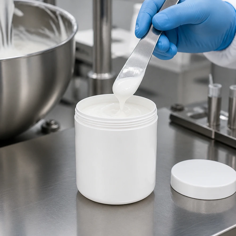 Salvburk 50g vit med vitt skruvlock (polypropylen) Fyllning av en 50 g salvorburk av vitt polypropen med krämig salva i laboratoriet