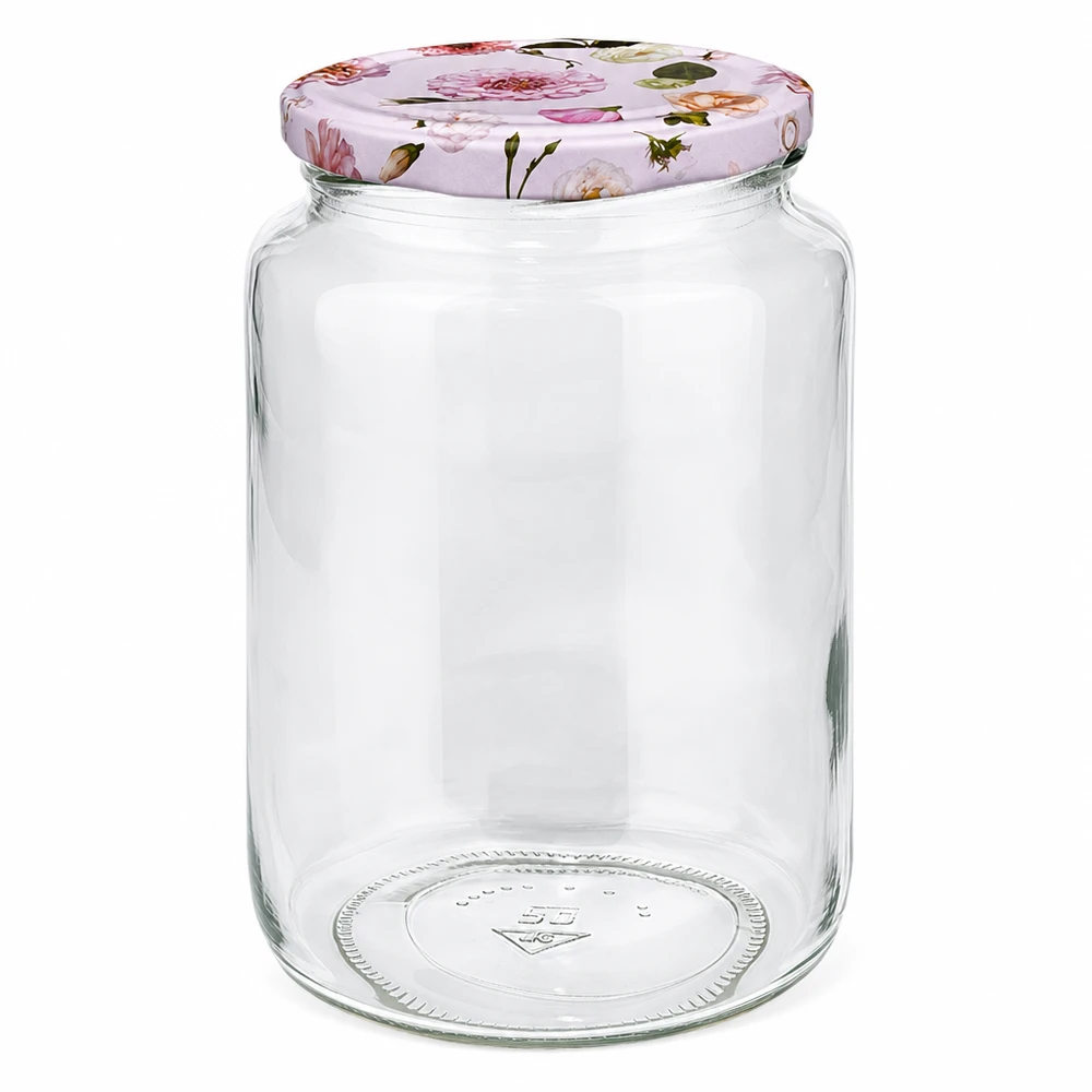 795ml rund burk med rosa blomlock BasicSeal konserveringsburk förvaringsburk syltburk