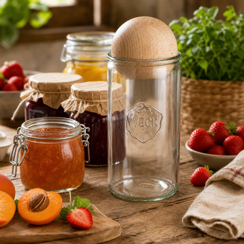 WECK burk 1590ml RR100 med bokträkula i köket mellan sylt, färsk frukt och örter