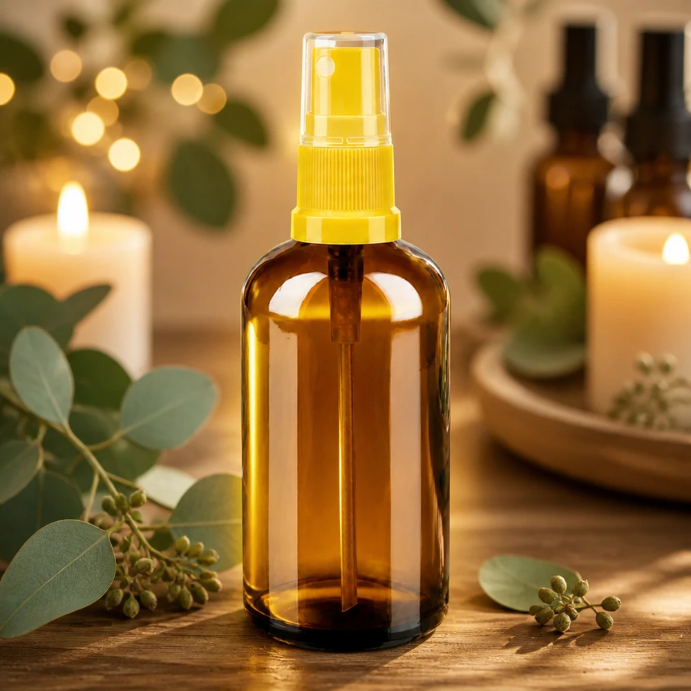 100ml Sprayflaska gul/transparent standardlock BrownLine UT18/100 Gult sprayhuvud på brun 100 ml glasflaska för eteriska oljor och aromaterapi