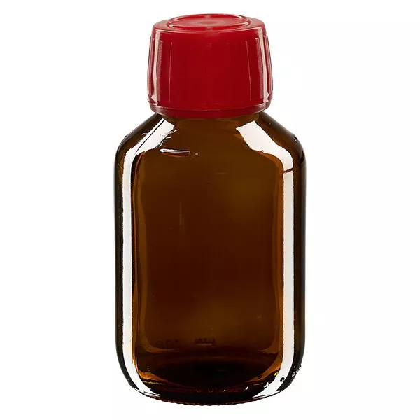 100 ml medicinflaska brun, rött lock med säkerhetsring ApoGlas 100 ml medicinflaska brun, rött lock med säkerhetsring ApoGlas