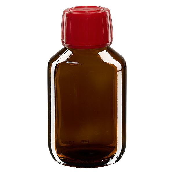 100 ml medicinflaska brun, rött lock med säkerhetsring ApoGlas 100 ml medicinflaska brun, rött lock med säkerhetsring ApoGlas