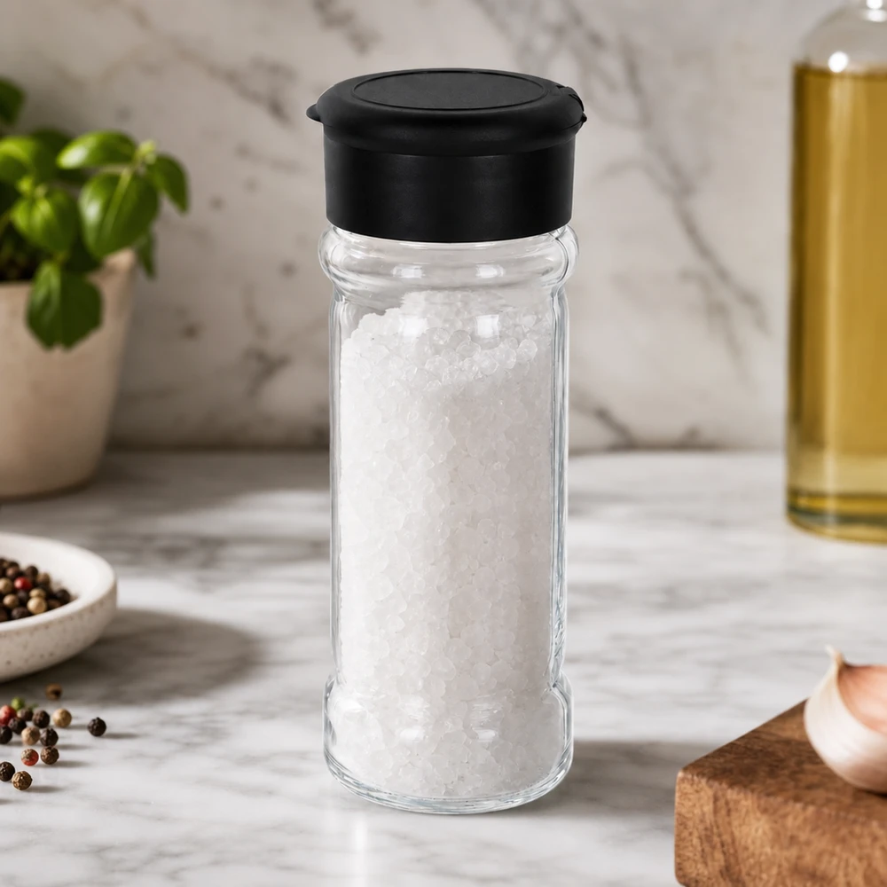 Salt-/kryddburk 100 ml med ströare, svart Kryddburk på 100 ml fylld med grovt havssalt, med svart strölock på marmorunderlägg