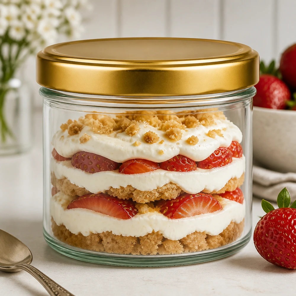 230ml cylinderburk + BasicSeal-lock guld UT 230ml Zylinderglas mit goldenem BasicSeal Deckel als schickes Dessertglas für geschichtetes Erdbeer-Trifle Nachtisch