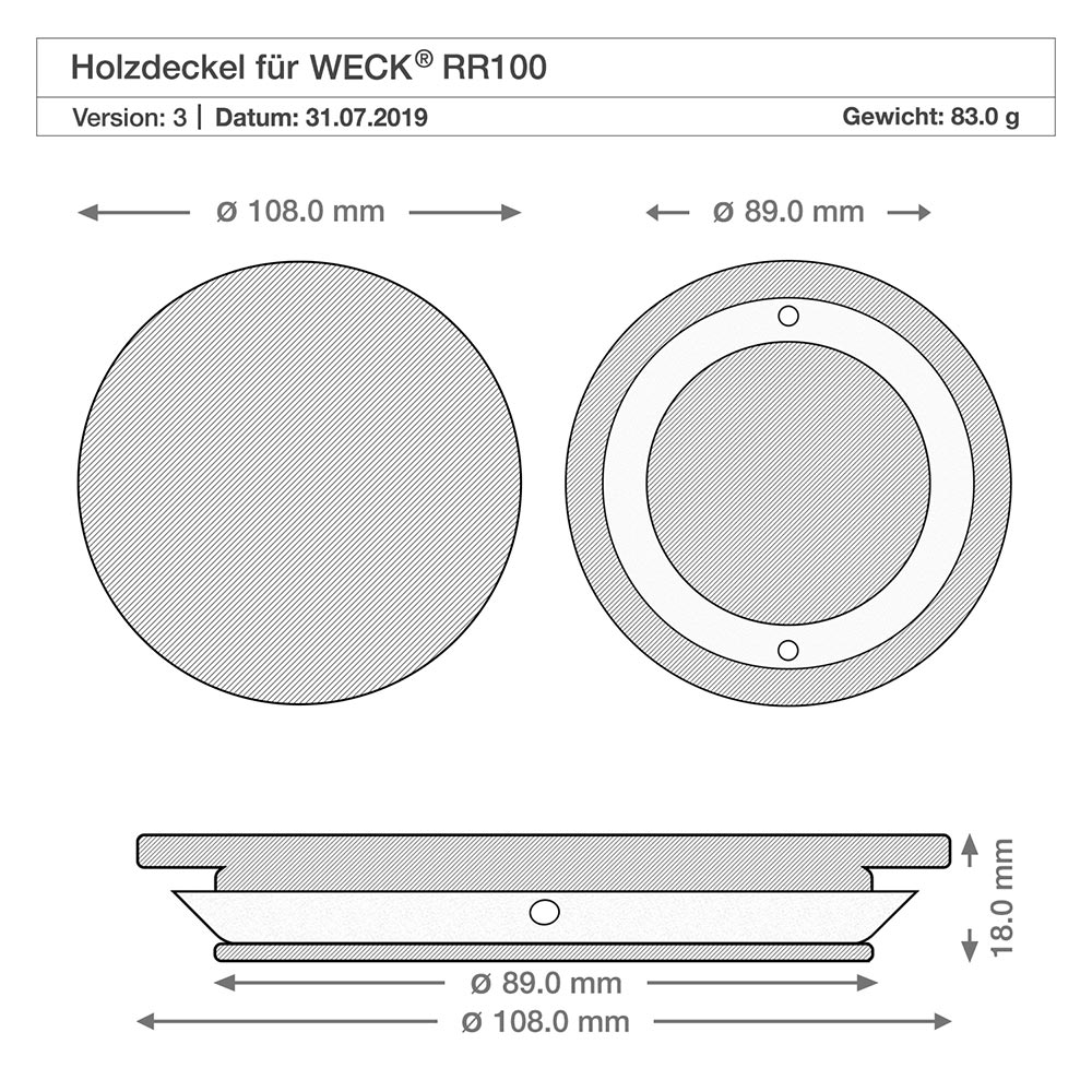 370ml Krossade glasögon WECK RR100 med trälock Teknisk ritning av trälock till WECK RR100 burk med måtten 108mm 89mm 18mm diameter Höjd Specifikation