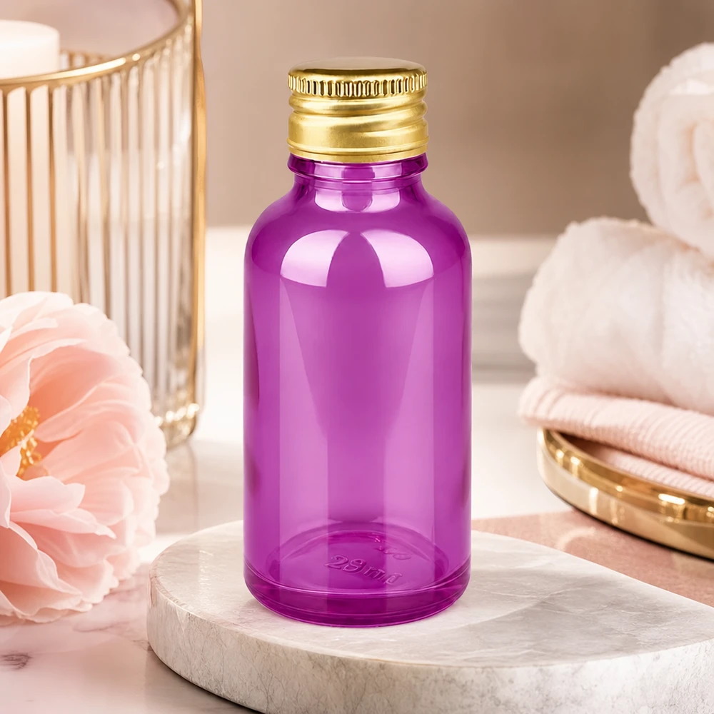 30 ml violett glasflaska med skruvlock i guld, idealisk för ljuskänsliga ämnen och serum