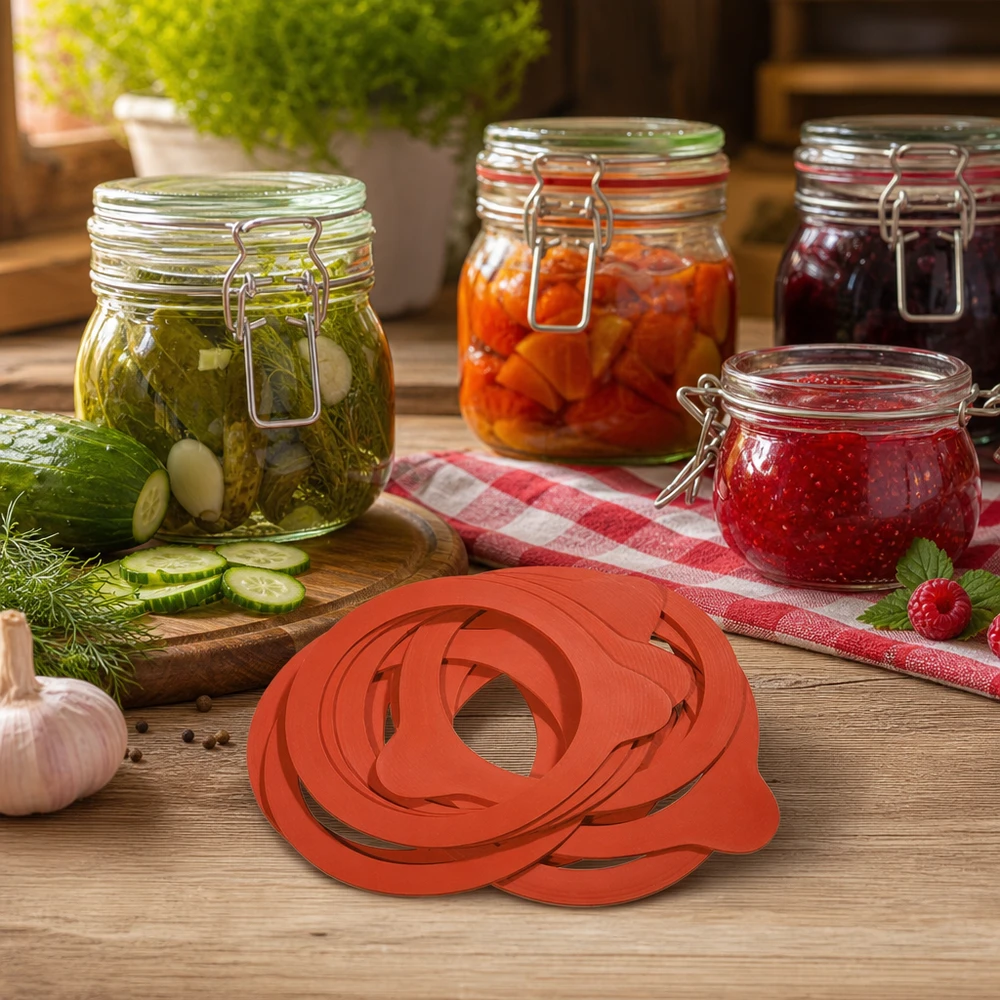 Konserveringsring av naturgummi RR100 Konserveringsringar av naturgummi RR100 staplade framför hemgjorda konserver i konserveringsburkar på ett träbord