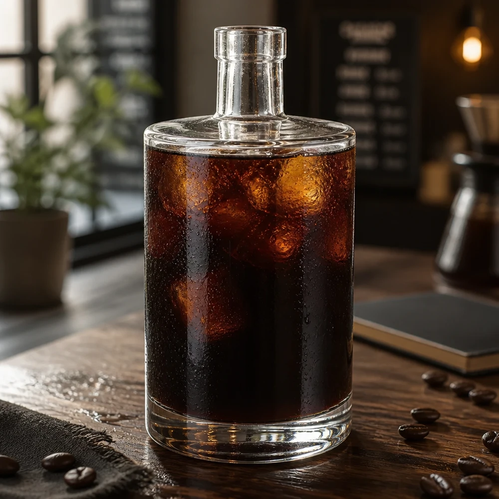 700 ml glasflaska Marie utan förslutning UNiTWIST® 700 ml glasflaska Marie fylld med kallbryggt kaffe och isbitar på ett träbord med kaffebönor i caféet