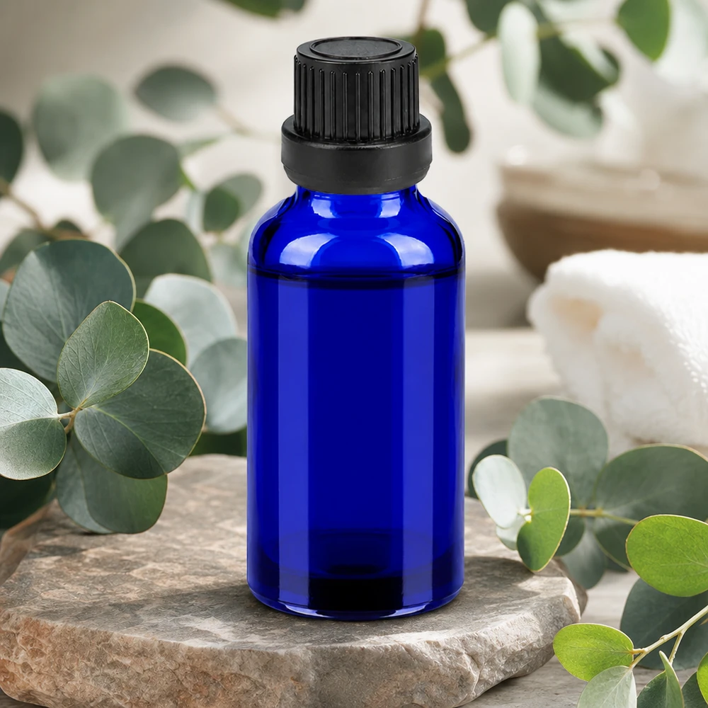 30 ml flaska tillverkad av högkvalitativt koboltglas med svart skruvlock för aromaterapi