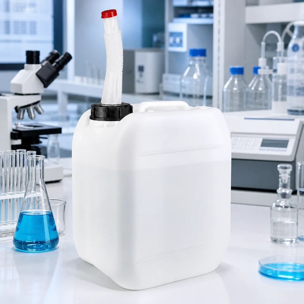 5-liters dunk med flexibelt utloppsrör Livsmedelsgodkänd 5-liters HDPE-dunk med böjbart utloppsrör för professionellt laboratoriebruk