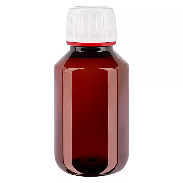 PET-flaska 100ml med vit/röd säkerhetsförslutning PET-flaska 100ml med vit/röd säkerhetsförslutning