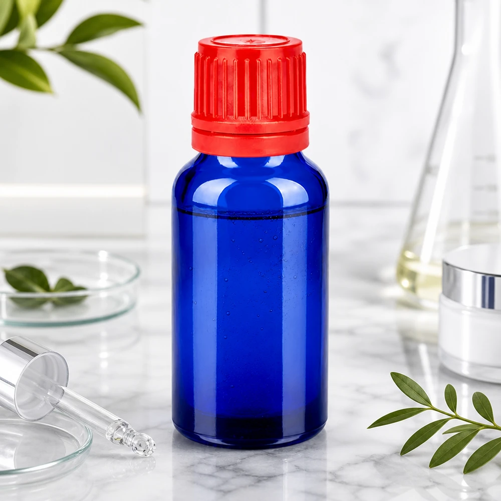 20ml flaska 11mm skruvkork röd sabotagesäker kapsyl BlueLine UT18/20 Kompakt 20 ml laboratorieflaska i koboltblått med barnsäkert rött skruvlock