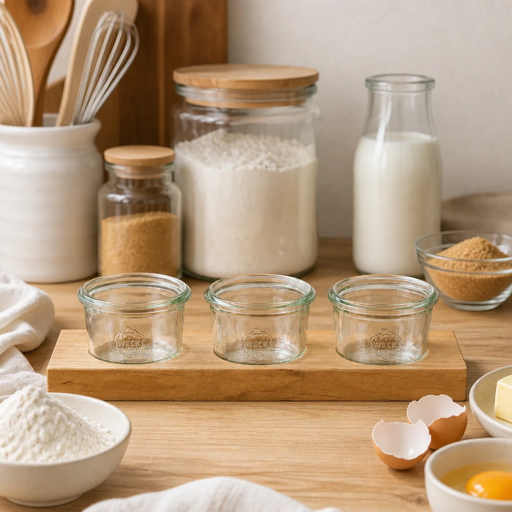 Plano3 serveringsbräda med 3 tomma Weck 80 ml-glas på bänkskiva av trä mellan bakingredienser och köksredskap