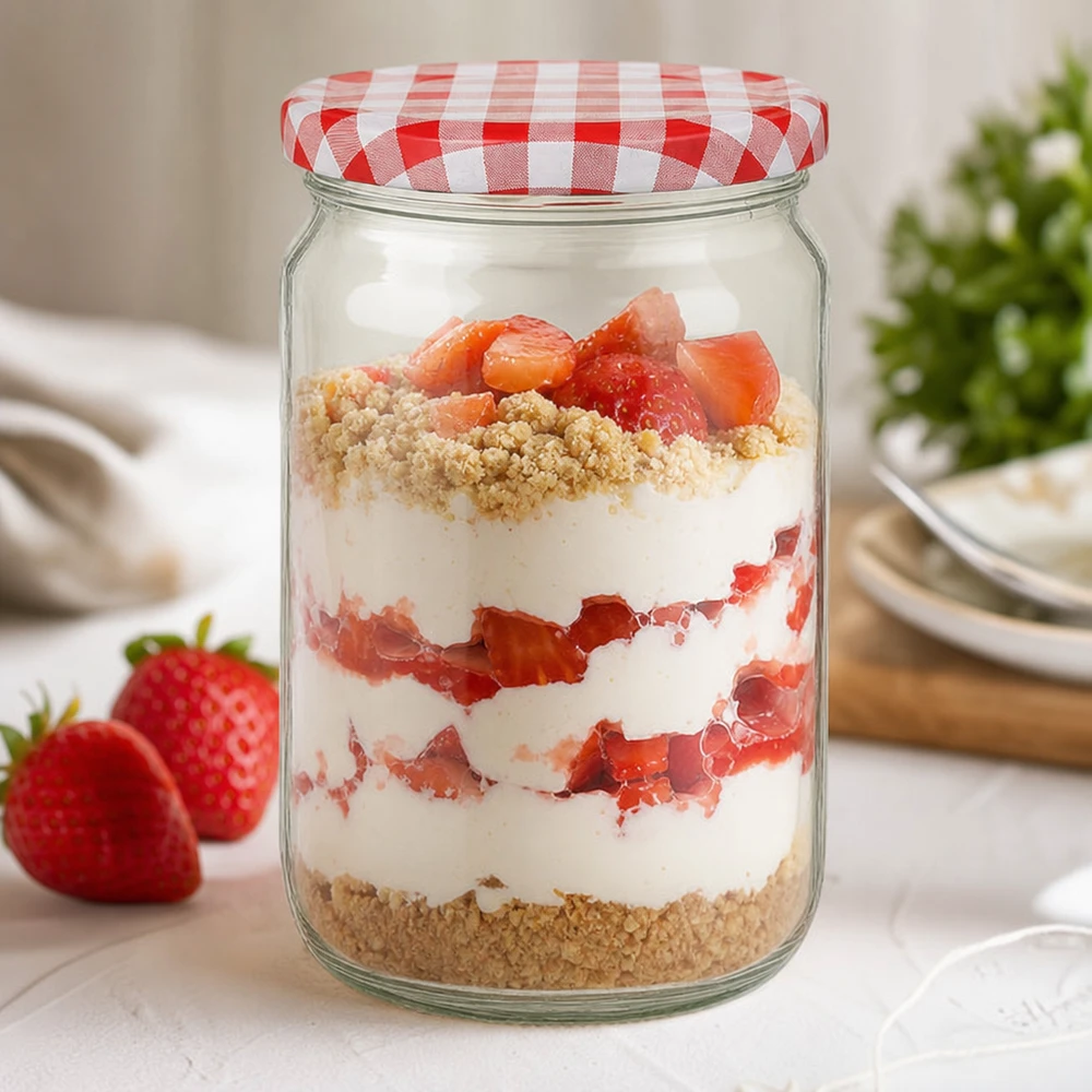 795ml rund burk med BasicSeal-lock röd/vit UNiTWIST 795 ml rund burk med BasicSeal-lock som dessertburk med jordgubbar, grädde och strössel, perfekt för söta desserter