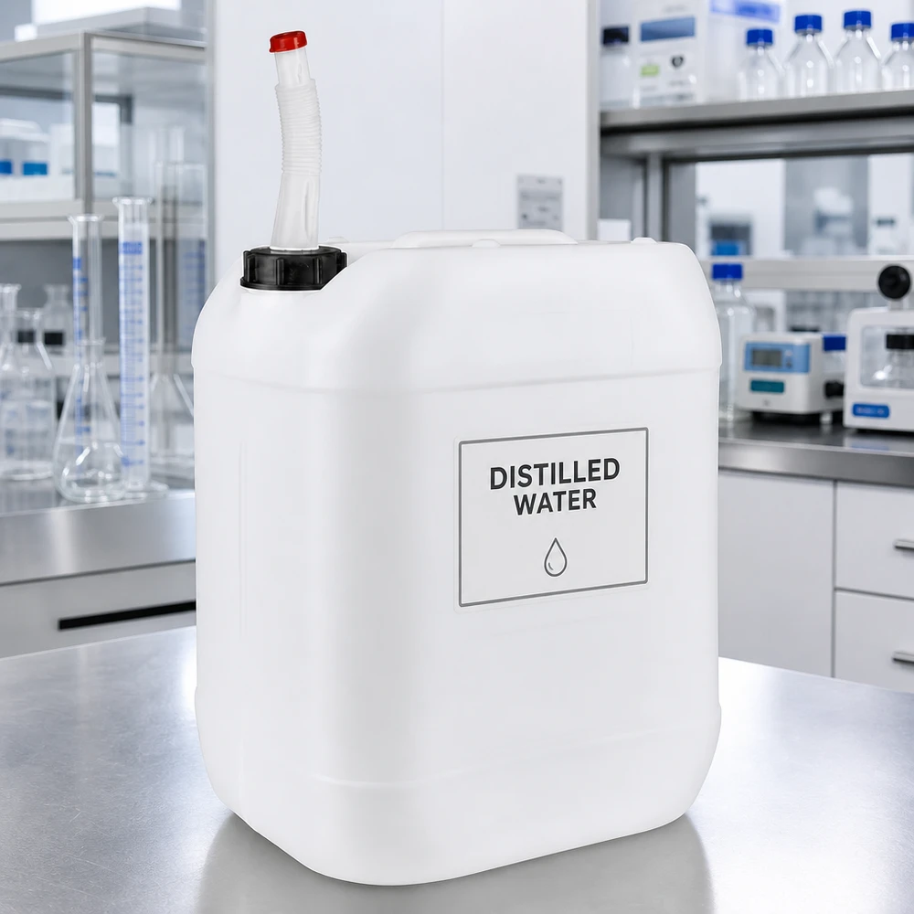 20-liters laboratoriekanister med flexibelt utloppsrör för destillerat vatten, tillverkad av vit HDPE-plast