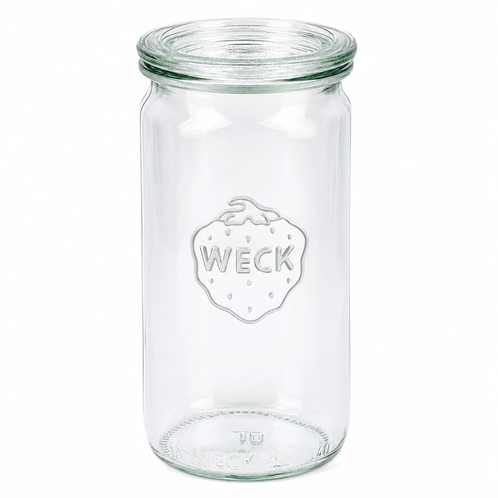 WECK cylinderburk 340ml med glaslock RR60 konserveringsburk transparent tom på vit bakgrund