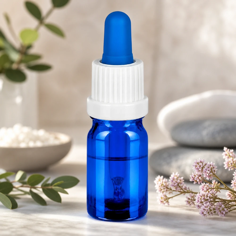 Professionell 5 ml droppflaska med blått glas och vitt lock för aromaterapioljor