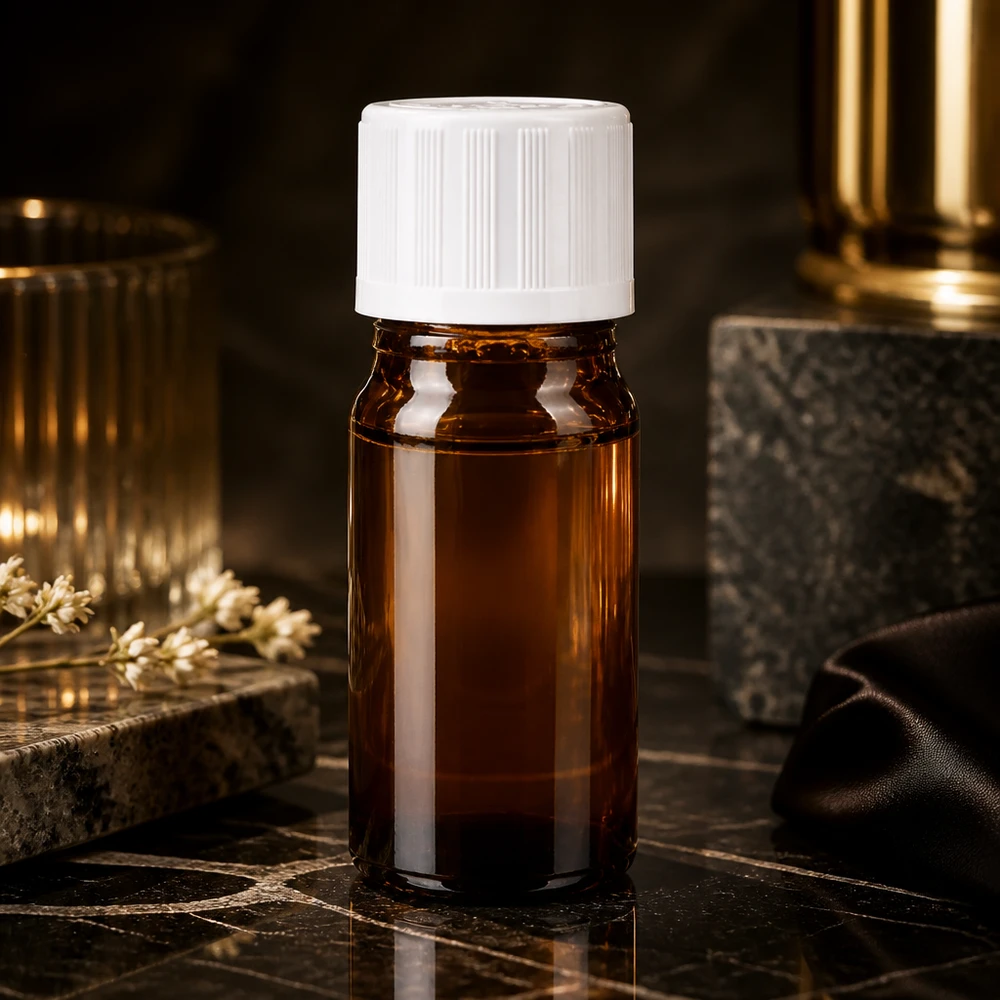 Apoteksflaska brun 5ml droppflaska vit barnsäker standard Elegant 5 ml-flaska i brunt glas med vit KiSi-kork på svart marmor