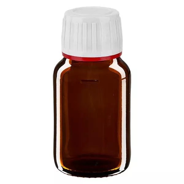 30 ml medicinflaska brun, vitt lock med sabotagesäker ring röd ApoGlas 30 ml medicinflaska brun, vitt lock med sabotagesäker ring röd ApoGlas