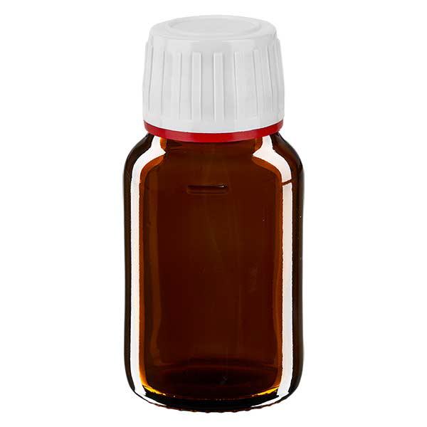 30 ml medicinflaska brun, vitt lock med sabotagesäker ring röd ApoGlas 30 ml medicinflaska brun, vitt lock med sabotagesäker ring röd ApoGlas