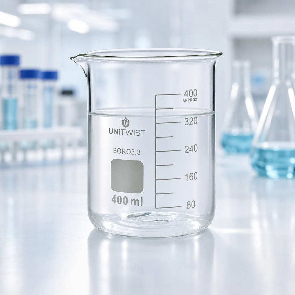 Bägare 400ml borosilikat, lågformad UNiTWIST UNiTWIST bägare, 400 ml, borosilikatglas 3.3, med pip och vita laboratorietillbehör i bakgrunden