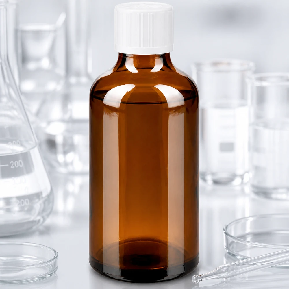 Apoteksflaska brun 50ml dropplock vit barnsäker standard Laboratoriemiljö med en 50 ml brun apotekarflaska av glas med vit KiSi-förslutning och en 1,2 mm droppinsats