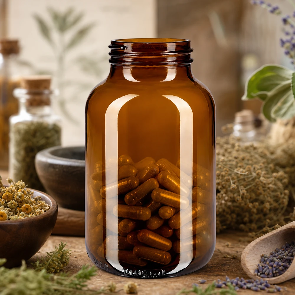 1000ml flaska med bred hals bärnstensfärgat glas Brun flaska med vid hals 1000 ml av högkvalitativt glas med bred öppning för enkel påfyllning